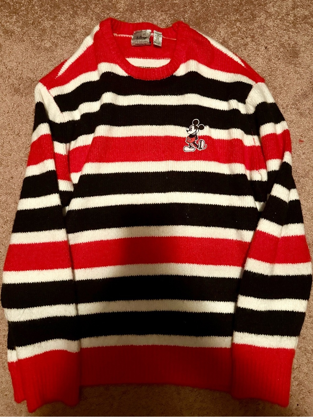 Forever 21 Red, Black & White Striped Crewneck Sweater with Embroidered Mouse